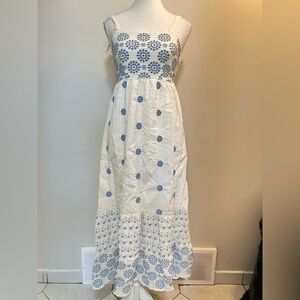 AE American Eagle Embroidered Floral Midi Dress XS Cream Blue Cottagecore Boho